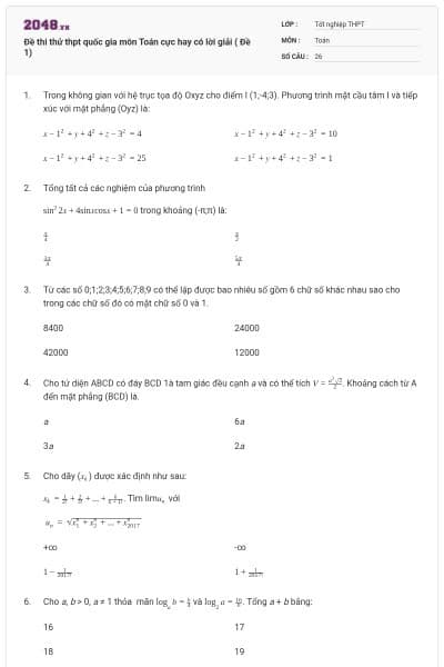 Đề thi thử thpt quốc gia môn Toán cực hay có lời giải ( Đề 1)