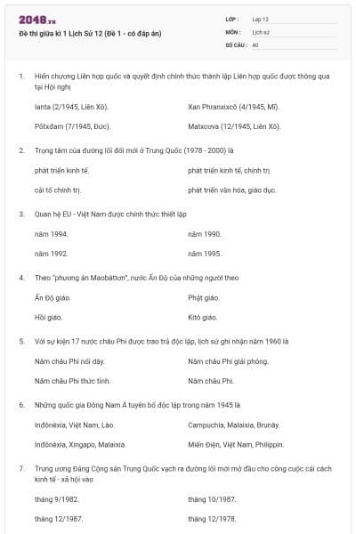 Đề thi giữa kì 1 Lịch Sử 12 (Đề 1 - có đáp án)