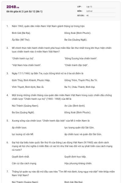 Đề thi giữa kì 2 Lịch Sử 12 (Đề 1)