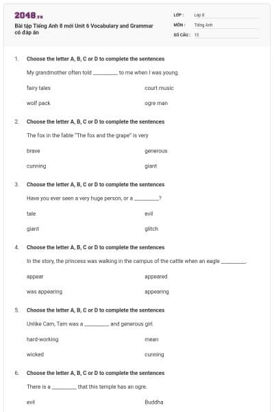 Bài tập Tiếng Anh 8 mới Unit 6 Vocabulary and Grammar có đáp án