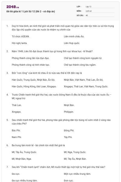 Đề thi giữa kì 1 Lịch Sử 12 (Đề 2 - có đáp án)