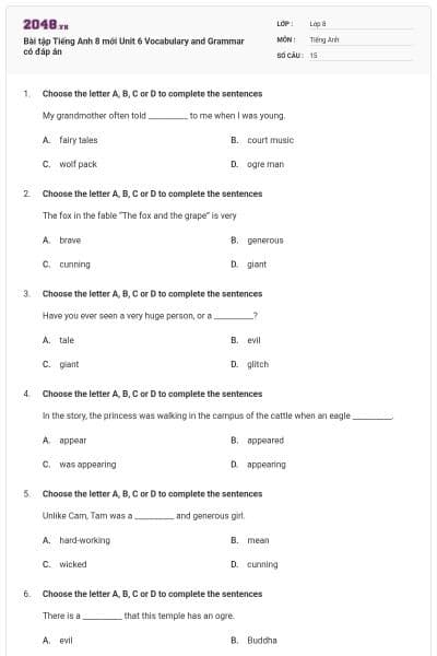 Bài tập Tiếng Anh 8 mới Unit 6 Vocabulary and Grammar có đáp án