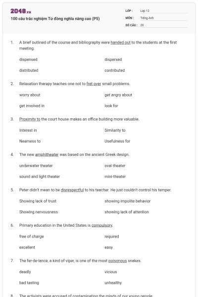 100 câu trắc nghiệm Từ đồng nghĩa nâng cao (P5)