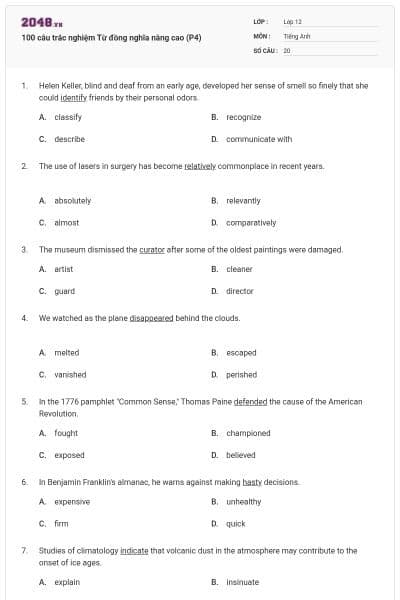 100 câu trắc nghiệm Từ đồng nghĩa nâng cao (P4)