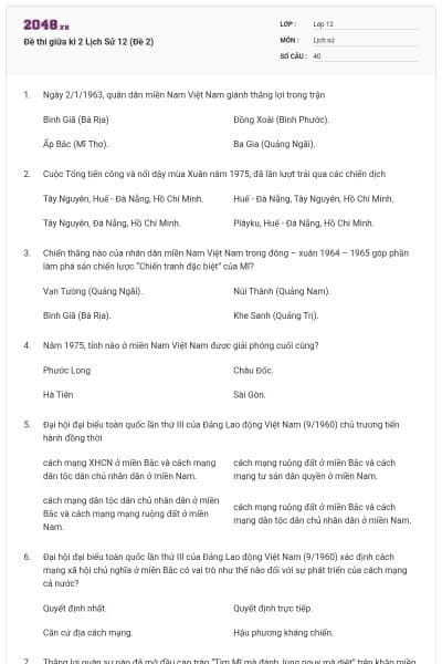 Đề thi giữa kì 2 Lịch Sử 12 (Đề 2)