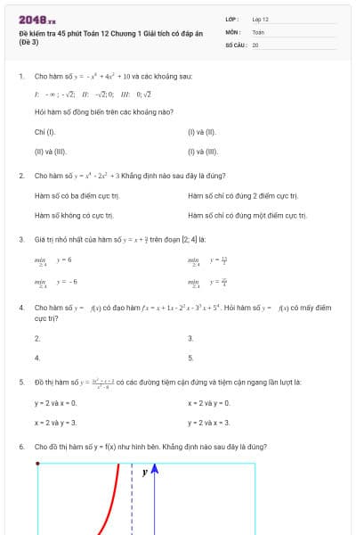 Đề kiểm tra 45 phút Toán 12 Chương 1 Giải tích có đáp án (Đề 3)
