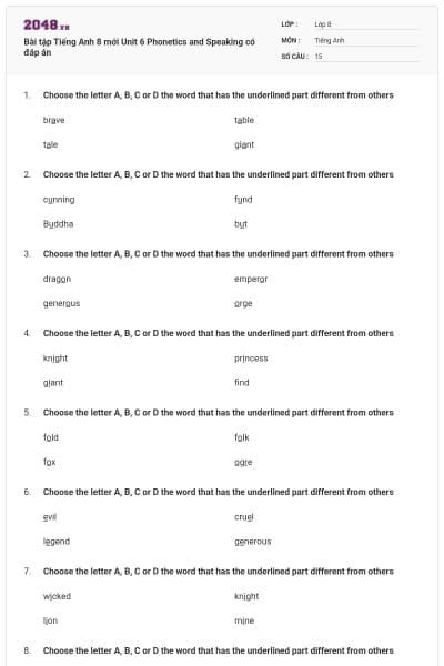 Bài tập Tiếng Anh 8 mới Unit 6 Phonetics and Speaking có đáp án