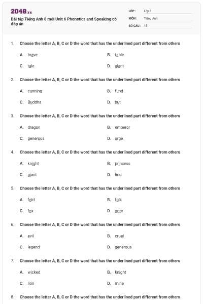 Bài tập Tiếng Anh 8 mới Unit 6 Phonetics and Speaking có đáp án