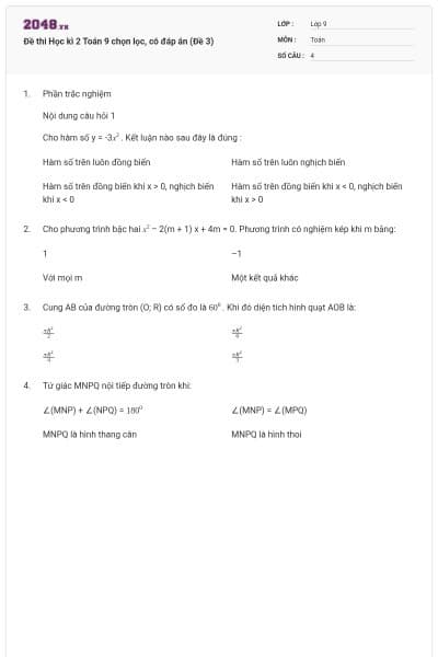 Đề thi Học kì 2 Toán 9 chọn lọc, có đáp án (Đề 3)