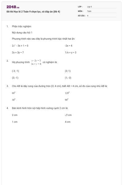 Đề thi Học kì 2 Toán 9 chọn lọc, có đáp án (Đề 4)