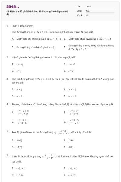 Đề kiểm tra 45 phút Hình học 10 Chương 3 có đáp án (Đề 4)