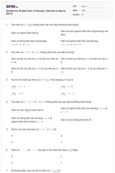 Đề kiểm tra 45 phút Toán 12 Chương 1 Giải tích có đáp án (Đề 4)