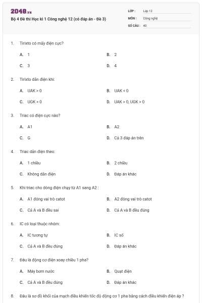 Bộ 4 Đề thi Học kì 1 Công nghệ 12 (có đáp án - Đề 3)