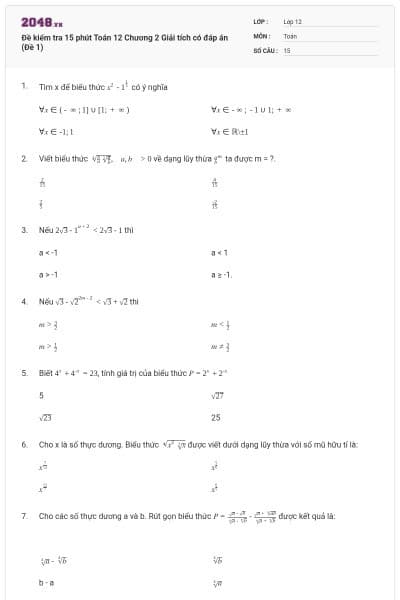 Đề kiểm tra 15 phút Toán 12 Chương 2 Giải tích có đáp án (Đề 1)