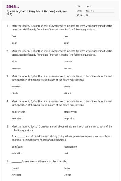 Bộ 4 Đề thi giữa kì 1 Tiếng Anh 12 Thí điểm (có đáp án - Đề 5)