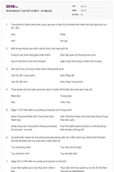 Đề thi giữa kì 1 Lịch Sử 12 (Đề 3 - có đáp án)