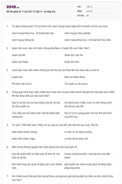Đề thi giữa kì 1 Lịch Sử 12 (Đề 4 - có đáp án)