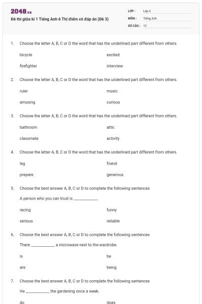 Đề thi giữa kì 1 Tiếng Anh 6 Thí điểm có đáp án (Đề 3)