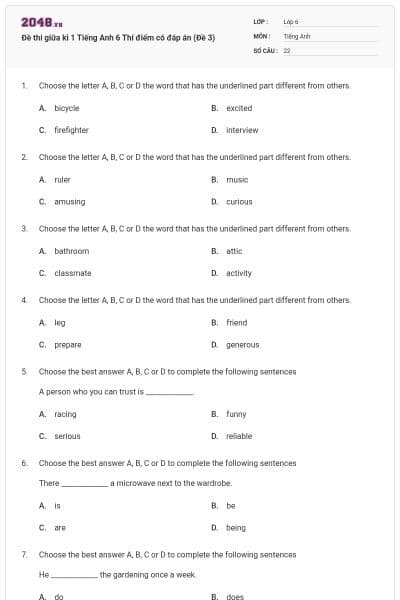 Đề thi giữa kì 1 Tiếng Anh 6 Thí điểm có đáp án (Đề 3)