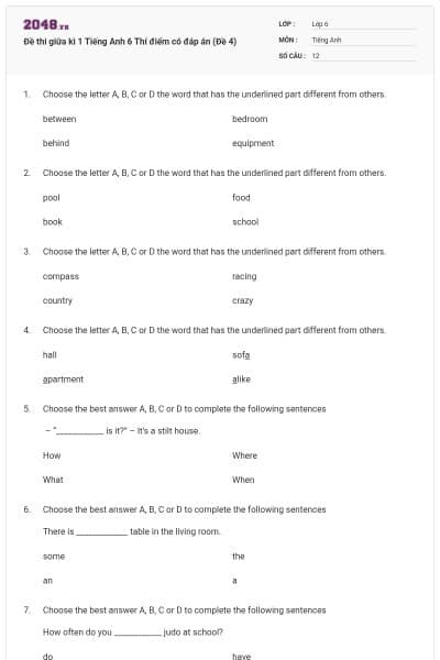 Đề thi giữa kì 1 Tiếng Anh 6 Thí điểm có đáp án (Đề 4)