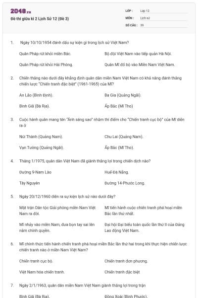 Đề thi giữa kì 2 Lịch Sử 12 (Đề 3)