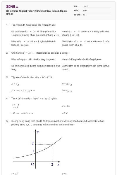 Đề kiểm tra 15 phút Toán 12 Chương 2 Giải tích có đáp án (Đề 2)