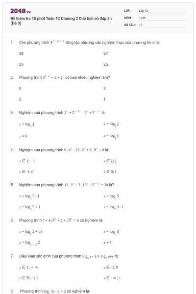 Đề kiểm tra 15 phút Toán 12 Chương 2 Giải tích có đáp án (Đề 3)