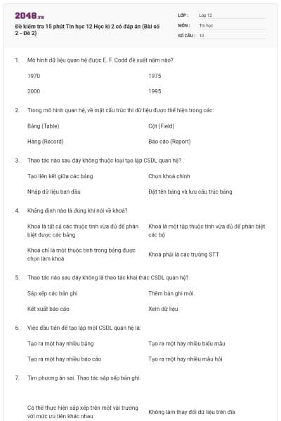 Đề kiểm tra 15 phút Tin học 12 Học kì 2 có đáp án (Bài số 2 - Đề 2)