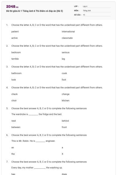 Đề thi giữa kì 1 Tiếng Anh 6 Thí điểm có đáp án (Đề 5)
