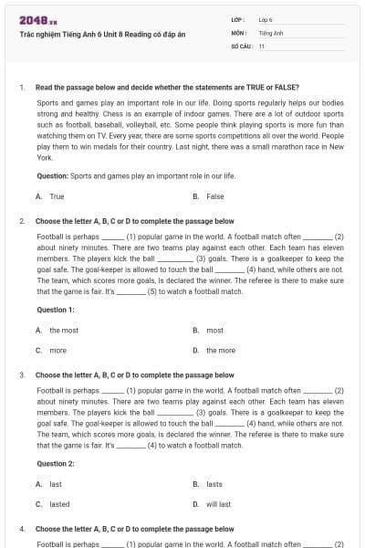 Trắc nghiệm Tiếng Anh 6 Unit 8 Reading có đáp án