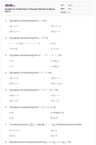 Đề kiểm tra 15 phút Toán 12 Chương 2 Giải tích có đáp án (Đề 4)