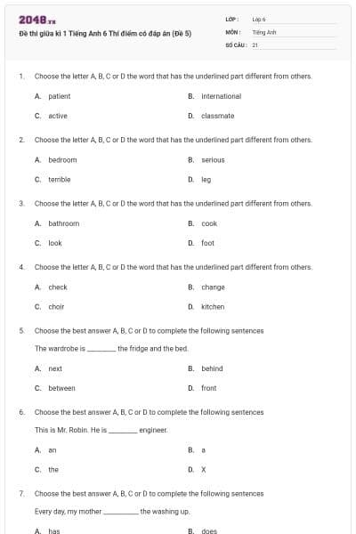 Đề thi giữa kì 1 Tiếng Anh 6 Thí điểm có đáp án (Đề 5)