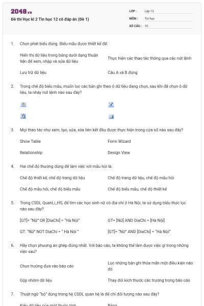 Đề thi Học kì 2 Tin học 12 có đáp án (Đề 1)