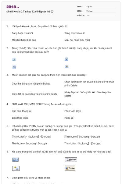 Đề thi Học kì 2 Tin học 12 có đáp án (Đề 2)