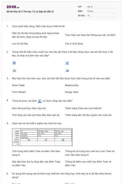 Đề thi Học kì 2 Tin học 12 có đáp án (Đề 3)