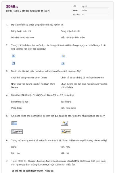 Đề thi Học kì 2 Tin học 12 có đáp án (Đề 4)