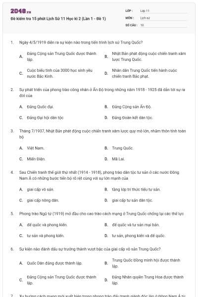 Đề kiểm tra 15 phút Lịch Sử 11 Học kì 2 (Lần 1 - Đề 1)