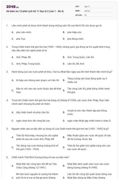Đề kiểm tra 15 phút Lịch Sử 11 Học kì 2 (Lần 1 - Đề 4)
