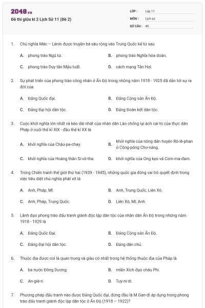 Đề thi giữa kì 2 Lịch Sử 11 (Đề 2)