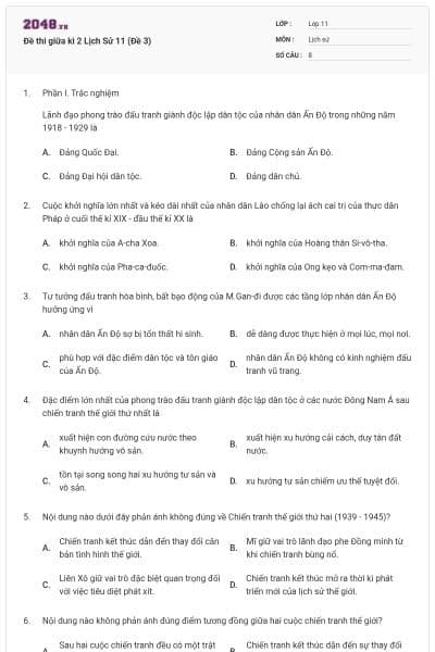 Đề thi giữa kì 2 Lịch Sử 11 (Đề 3)