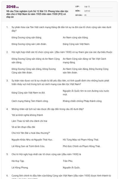 98 câu Trắc nghiệm Lịch Sử 12 Bài 13: Phong trào dân tộc dân chủ ở Việt Nam từ năm 1925 đến năm 1930 (P3) có đáp án