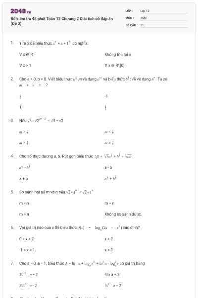 Đề kiểm tra 45 phút Toán 12 Chương 2 Giải tích có đáp án (Đề 3)