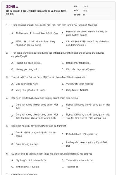 Đề thi giữa kì 1 Địa Lí 10 (Đề 1) (có đáp án và thang điểm chi tiết)