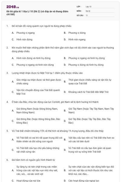 Đề thi giữa kì 1 Địa Lí 10 (Đề 2) (có đáp án và thang điểm chi tiết)
