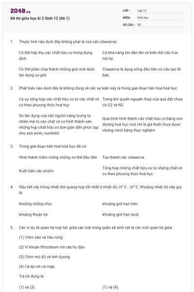 Đề thi giữa học kì 2 Sinh 12 (Đề 1)
