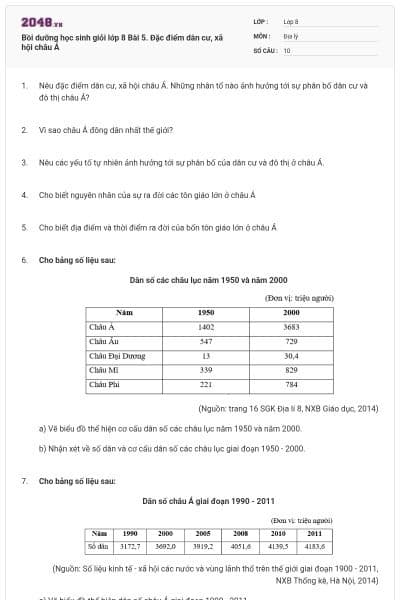 Bồi dưỡng học sinh giỏi lớp 8 Bài 5. Đặc điểm dân cư, xã hội châu Á