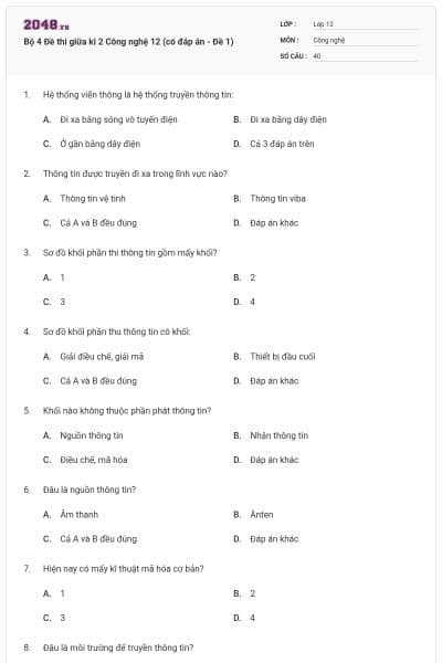 Bộ 4 Đề thi giữa kì 2 Công nghệ 12 (có đáp án - Đề 1)