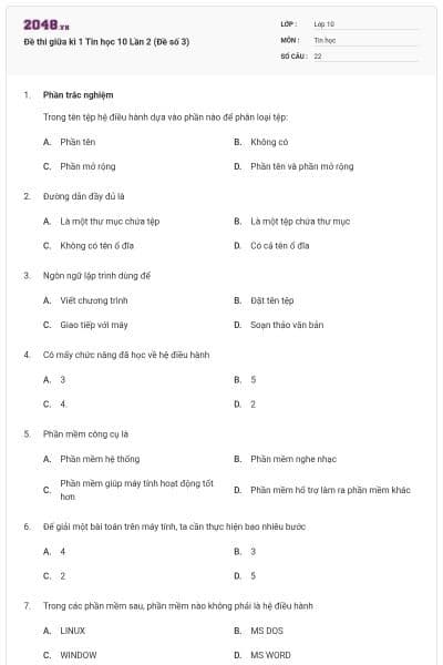 Đề thi giữa kì 1 Tin học 10 Lần 2 (Đề số 3)