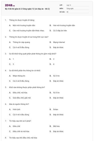 Bộ 4 Đề thi giữa kì 2 Công nghệ 12 (có đáp án - Đề 2)
