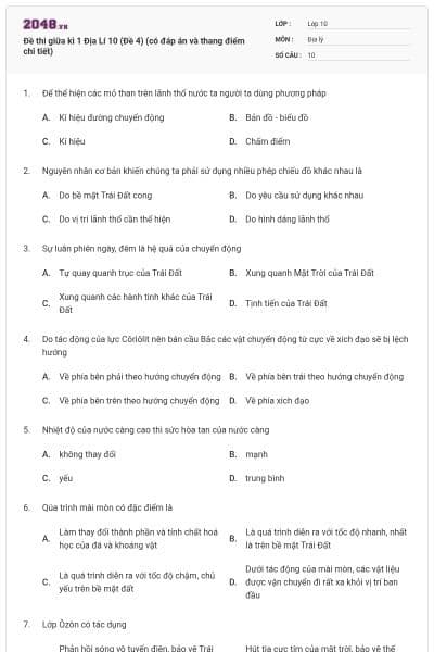 Đề thi giữa kì 1 Địa Lí 10 (Đề 4) (có đáp án và thang điểm chi tiết)